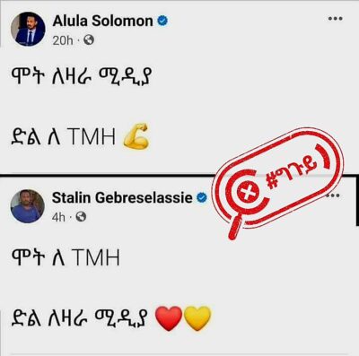 fake facebook screenshot impersonating alula solomon and stalin gebreselassie's facebook accounts